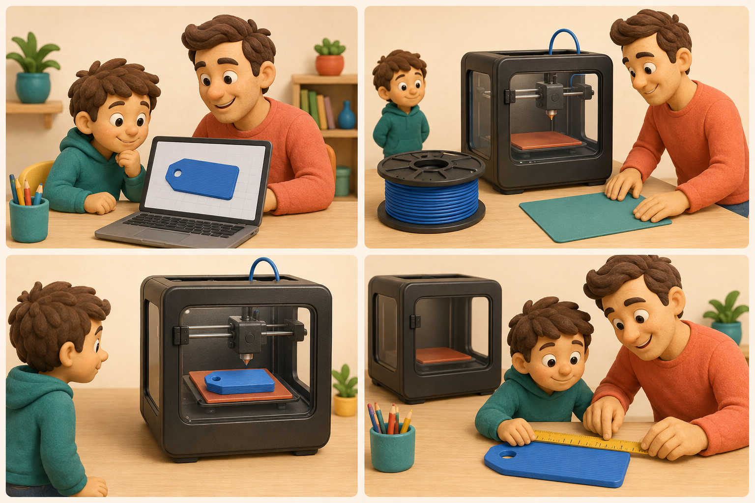 Illustrated sequence: choose a shape together, prepare materials, observe printing, then measure the cooled result.